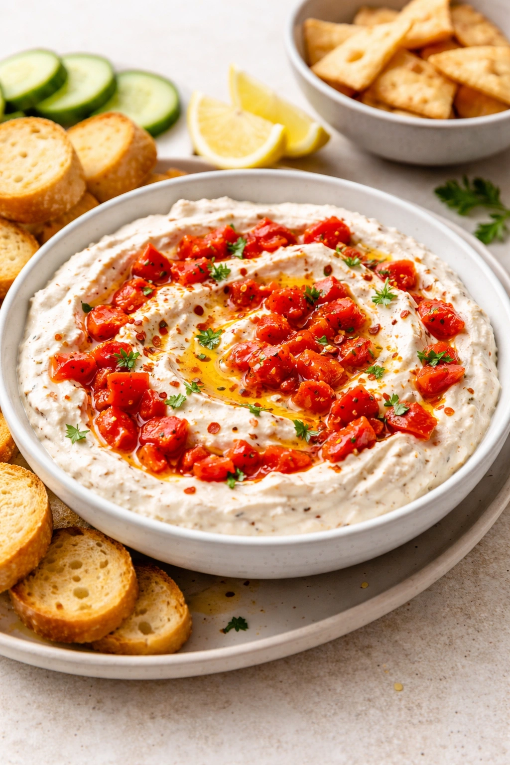 Whipped feta dip with roasted red peppers in a bowl