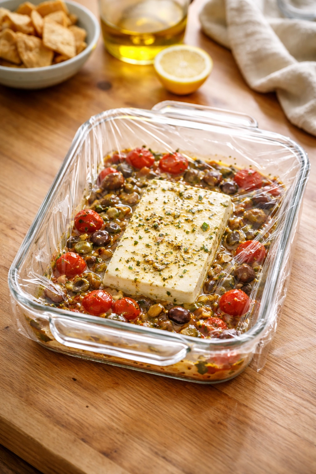 Sealed baking dish of feta dip ready for storage