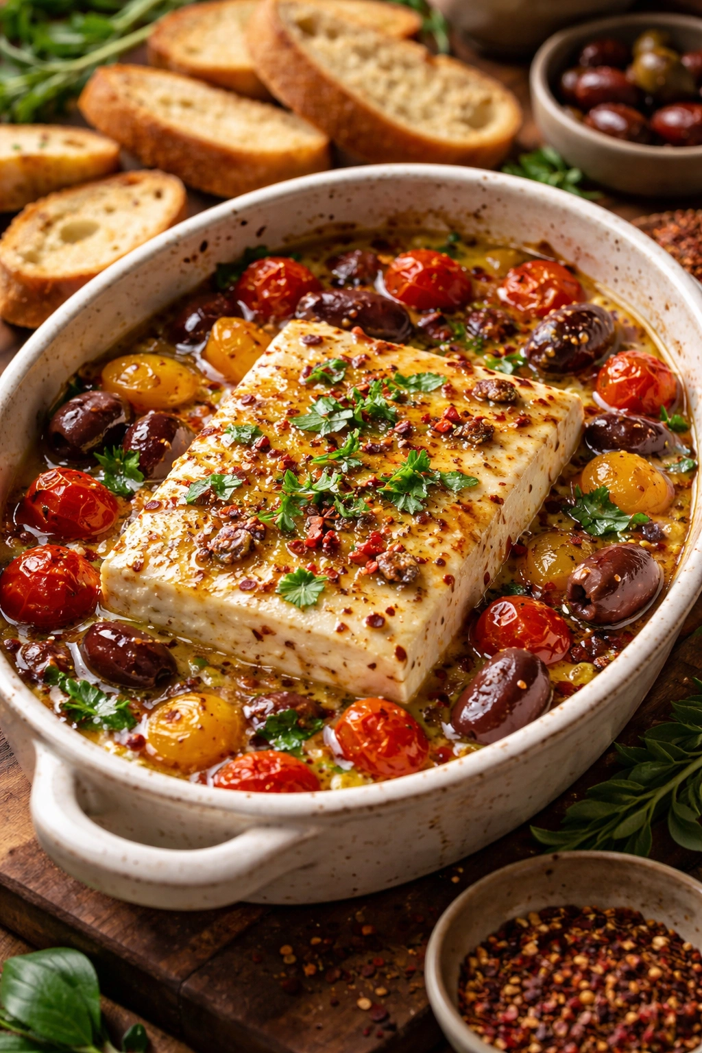 Finished baked feta dip with herbs in a serving dish