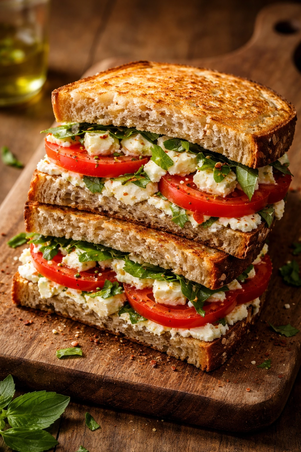 Cross-section of a feta and herb Mediterranean breakfast sandwich with tomato and herbs