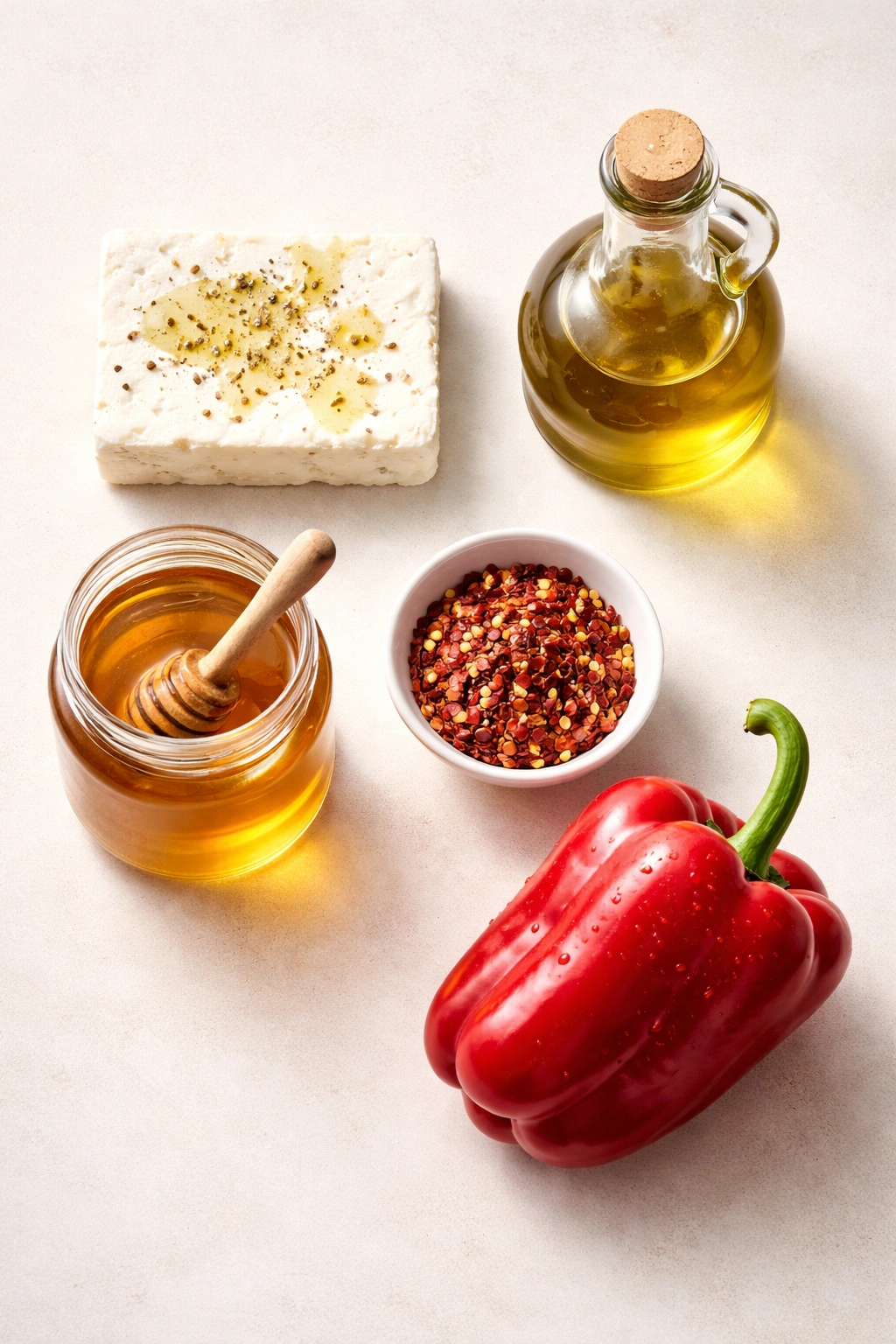 Five essential feta dip ingredients arranged on a clean surface