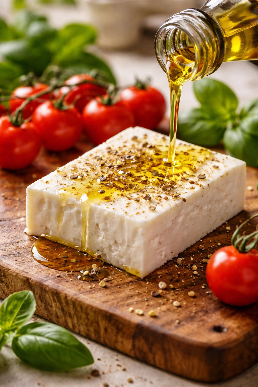 Premium feta, olive oil, and tomatoes highlighting ingredient quality
