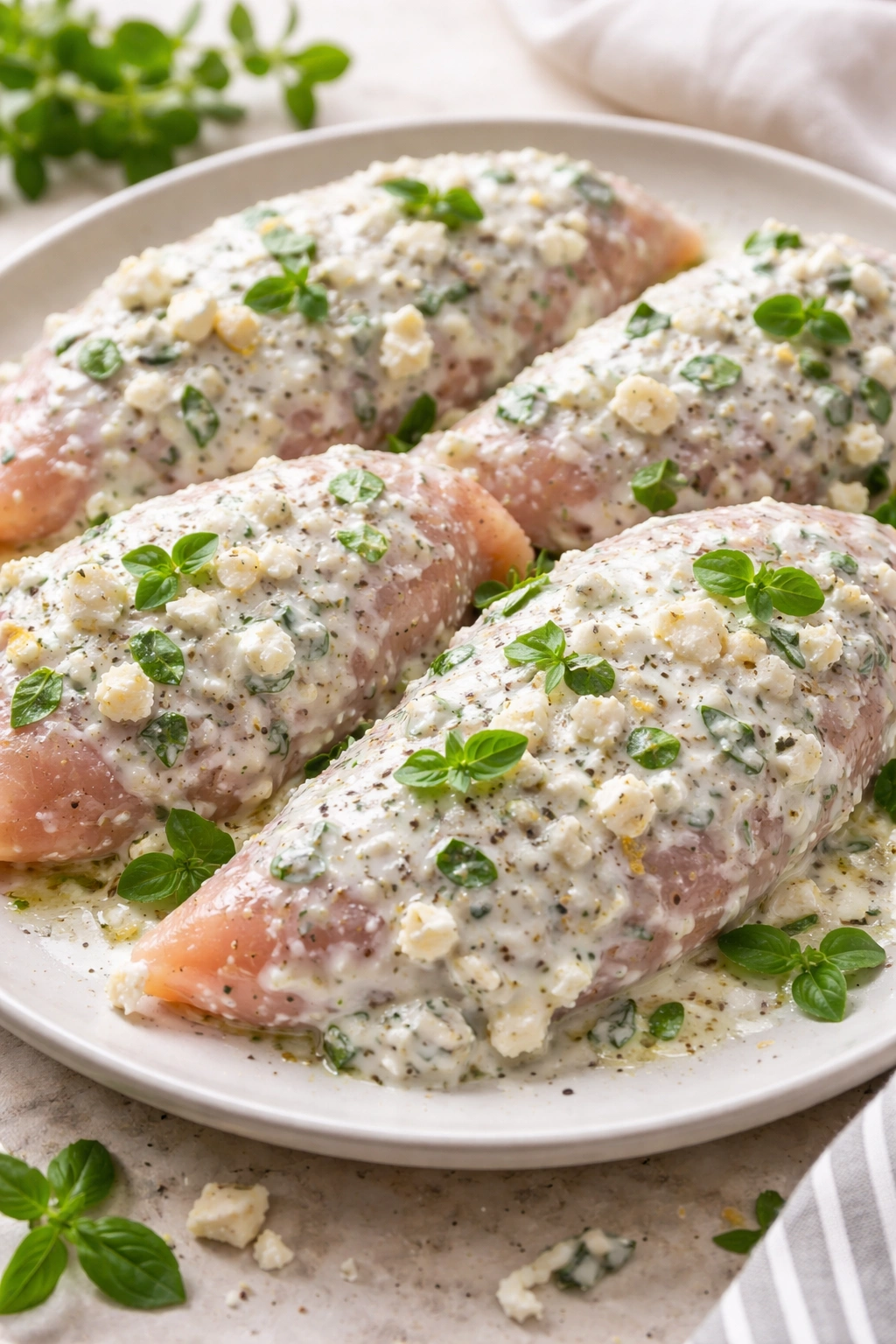 Close-up of feta oregano yogurt marinade chicken