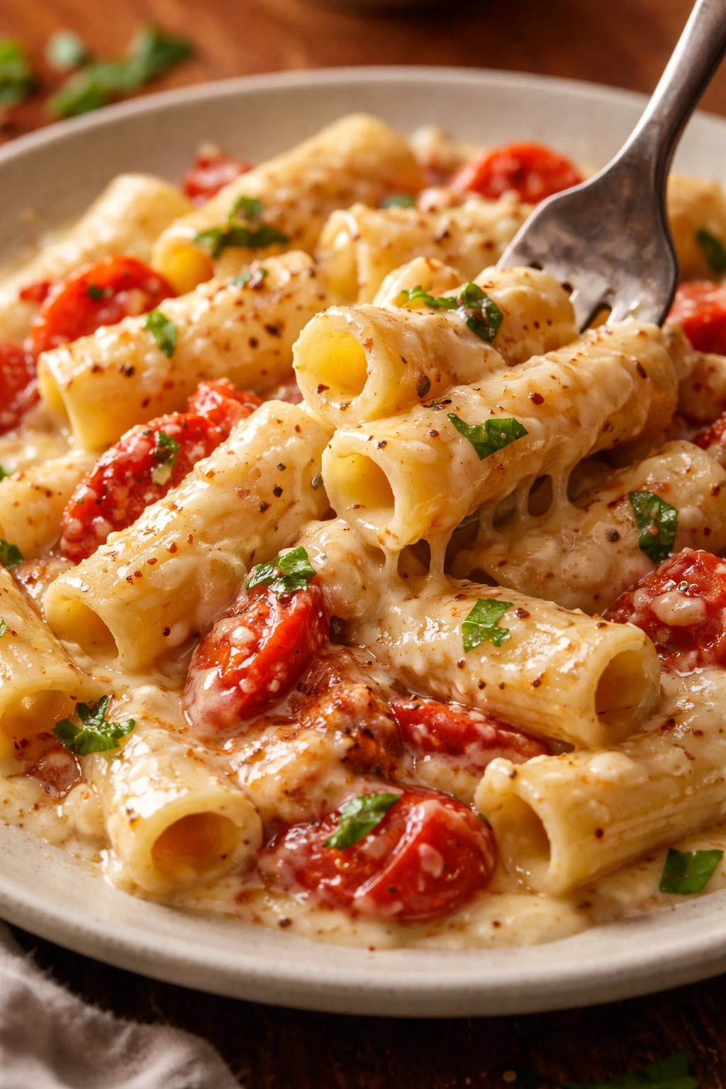Creamy emulsified feta sauce clinging to pasta showing proper texture