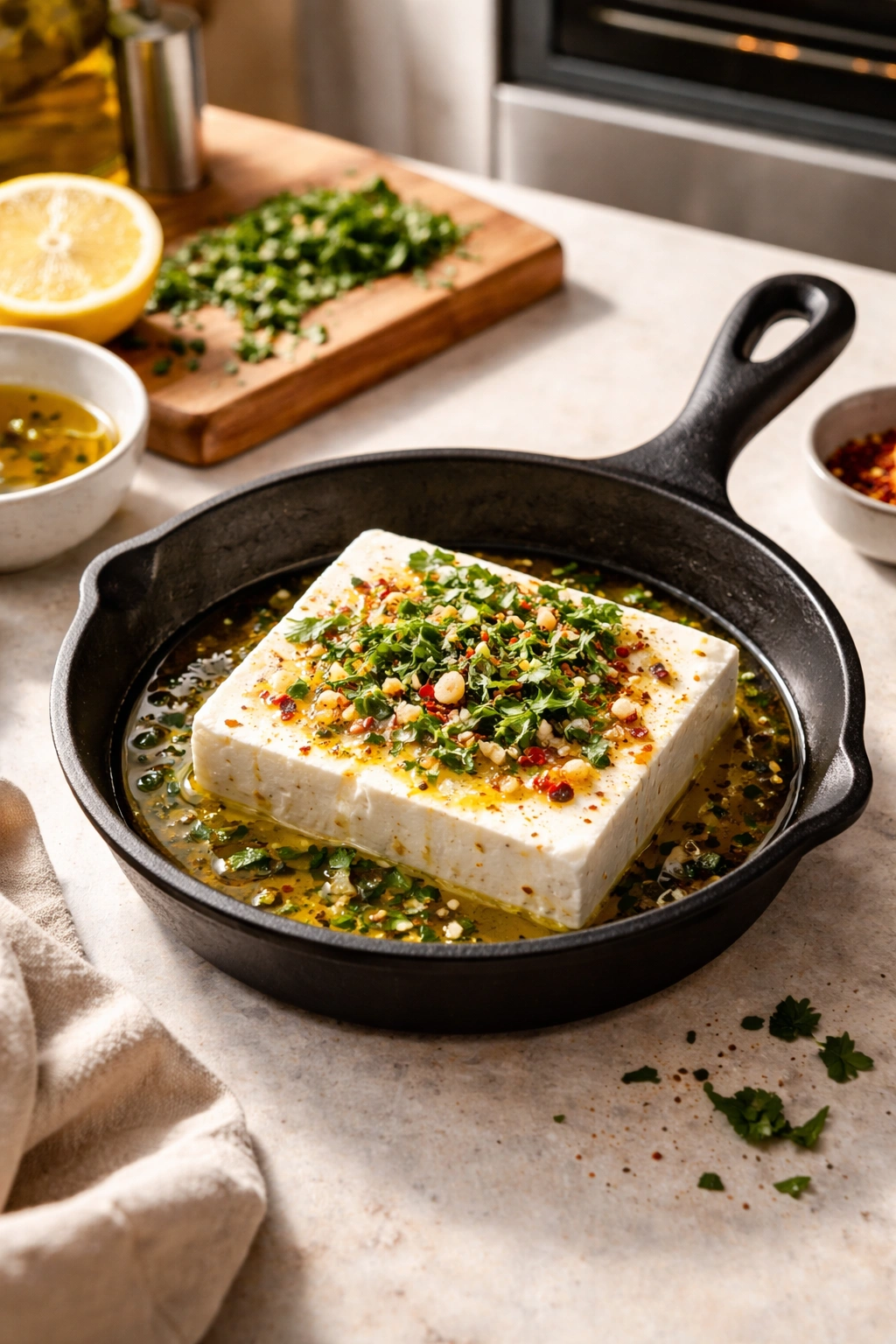 Feta in a skillet with olive oil and spices ready to bake