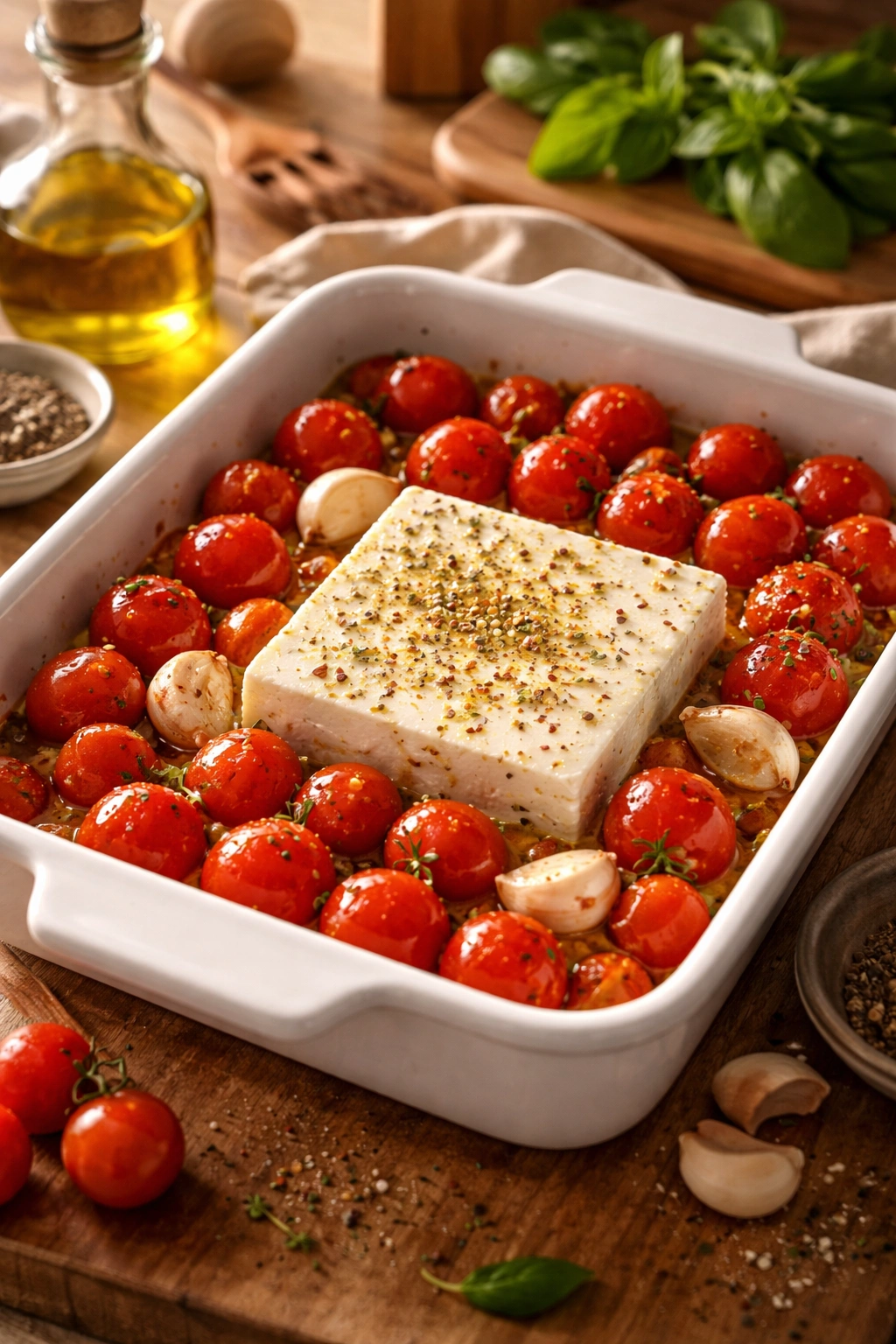 Baking dish with feta and tomatoes ready to roast, warm kitchen lighting