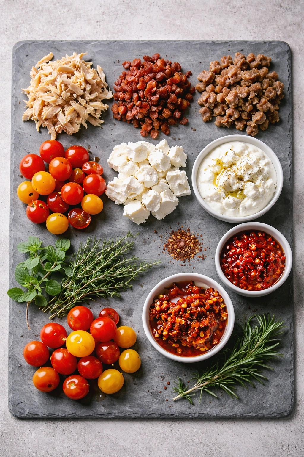 Assorted feta-friendly proteins, cheeses, herbs, and spices arranged for variations to try