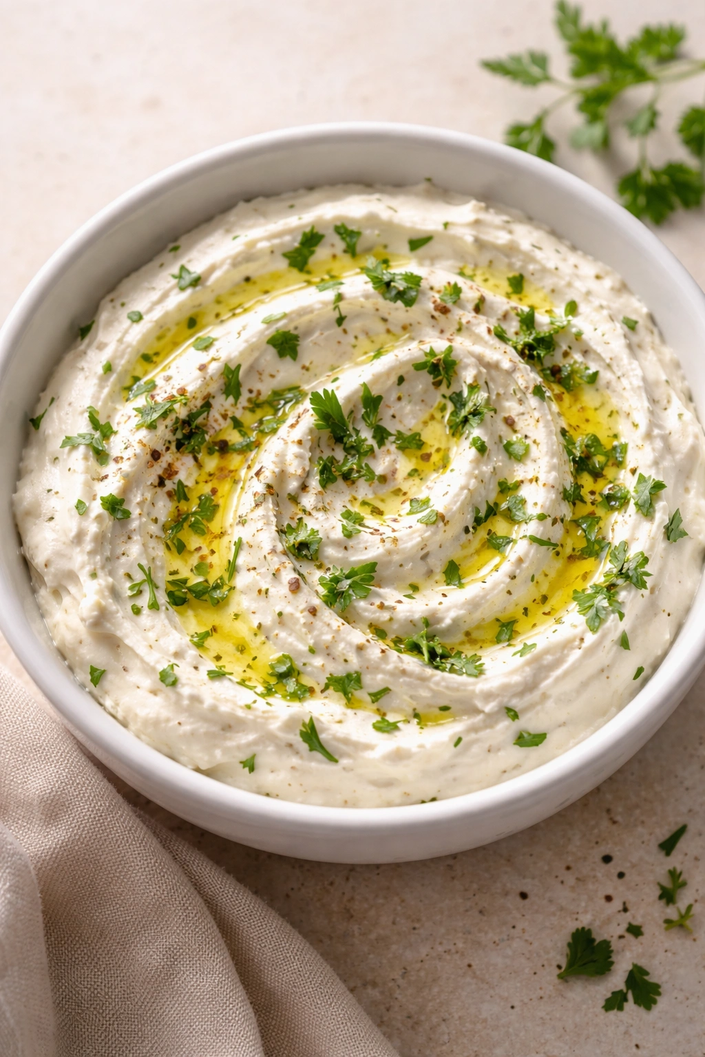Creamy whipped feta with herbs and olive oil in a bowl