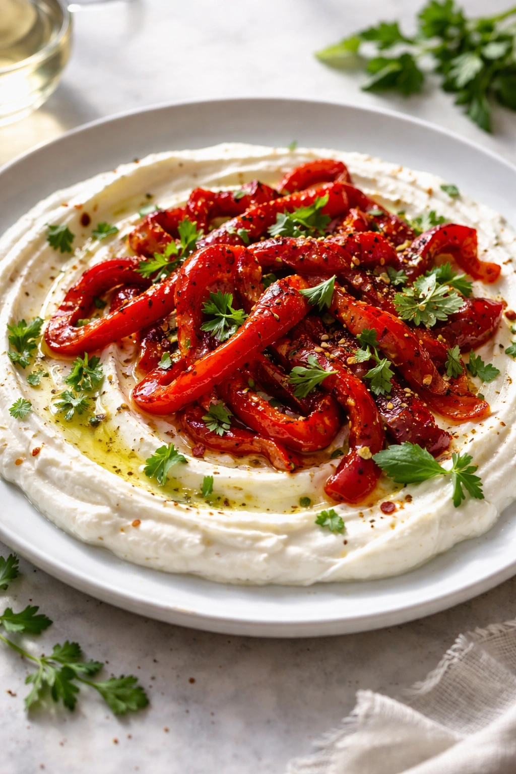 Whipped feta with roasted red peppers and herbs on plate