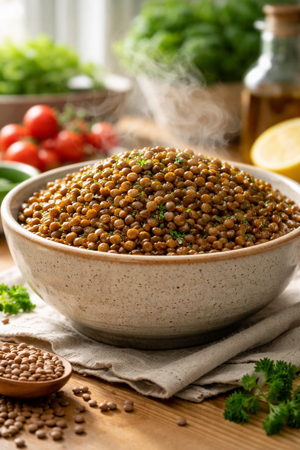 Bowl of cooked lentils highlighting high-fiber content for fullness