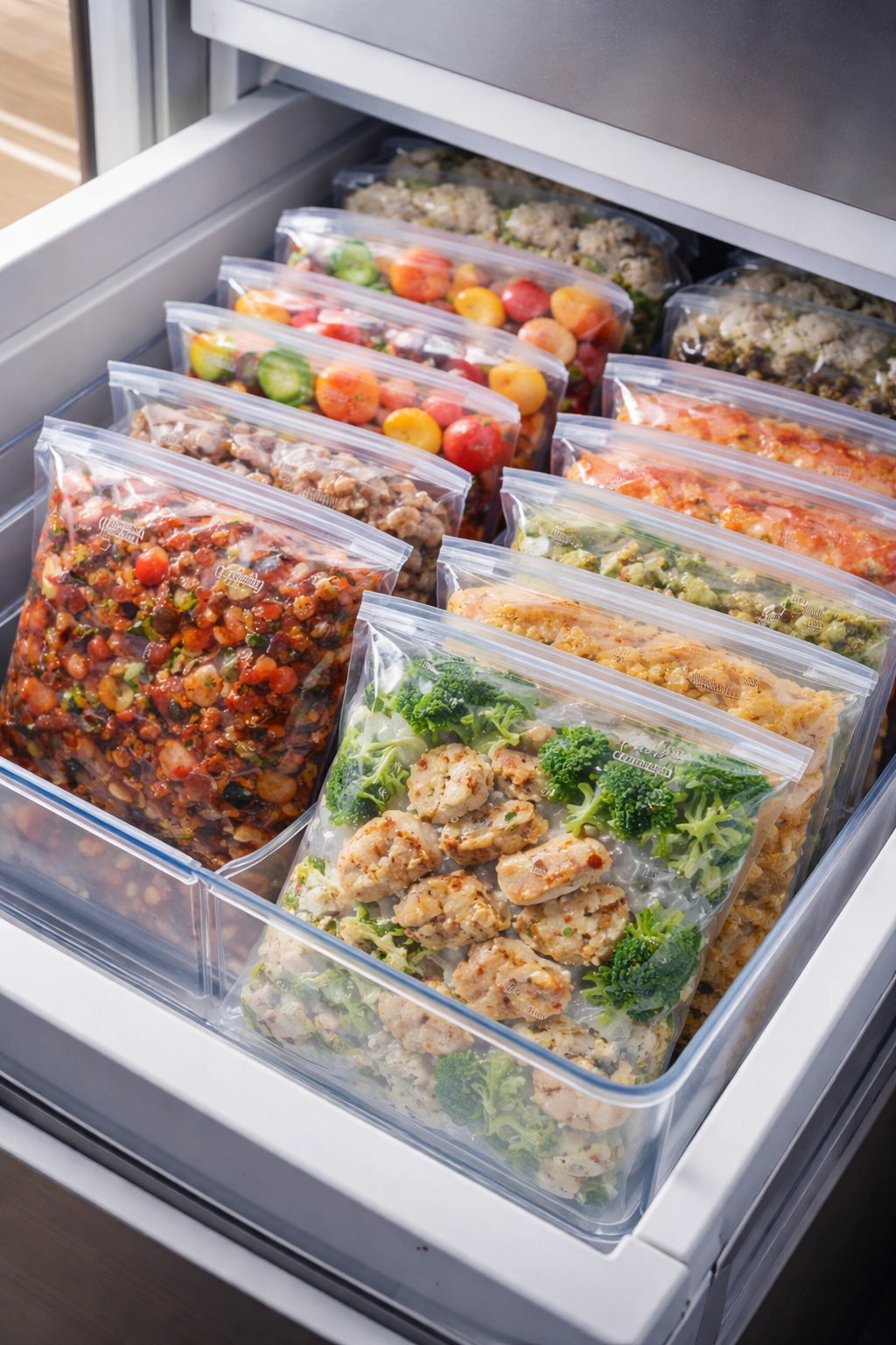 Freezer bags arranged front-to-back suggesting FIFO