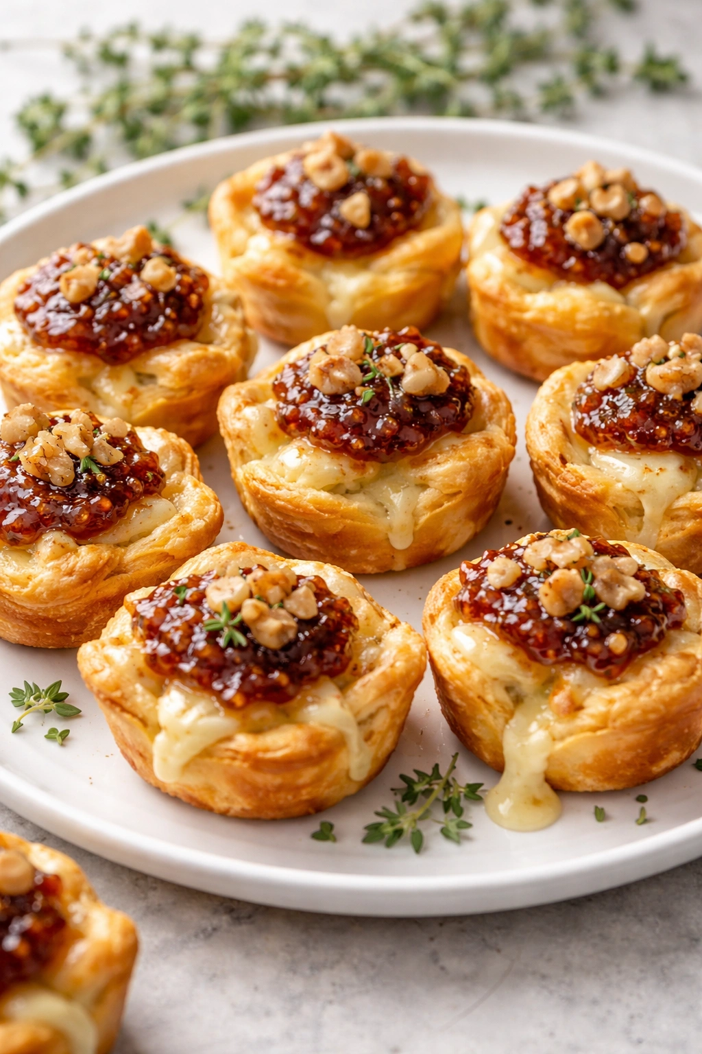 Baked brie bites with fig jam and walnuts on a plate