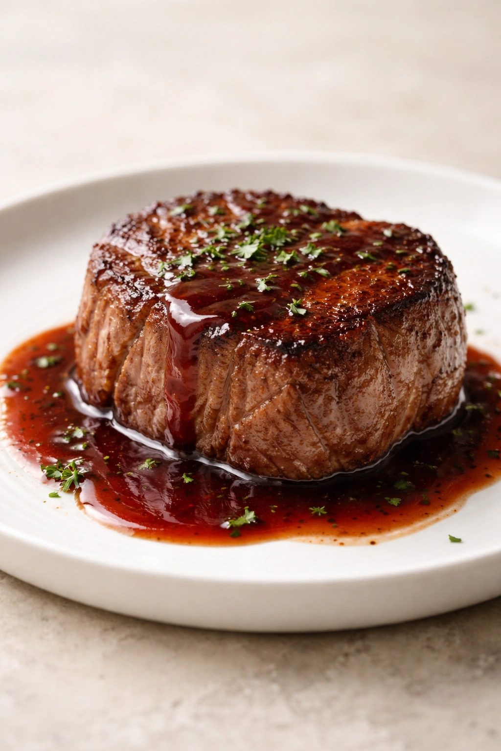 Seared filet mignon with red wine pan sauce on plate