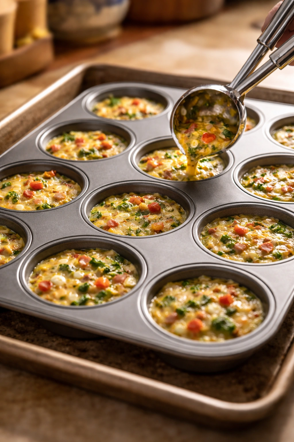 Muffin tin with egg mixture filled three-quarters, on a baking sheet ready to bake