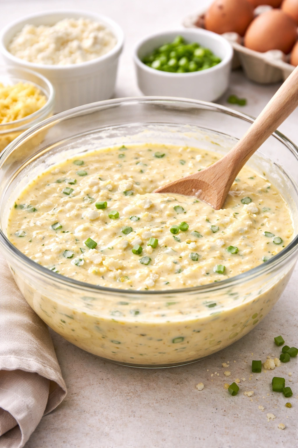 Creamy quiche filling with cottage cheese in a bowl