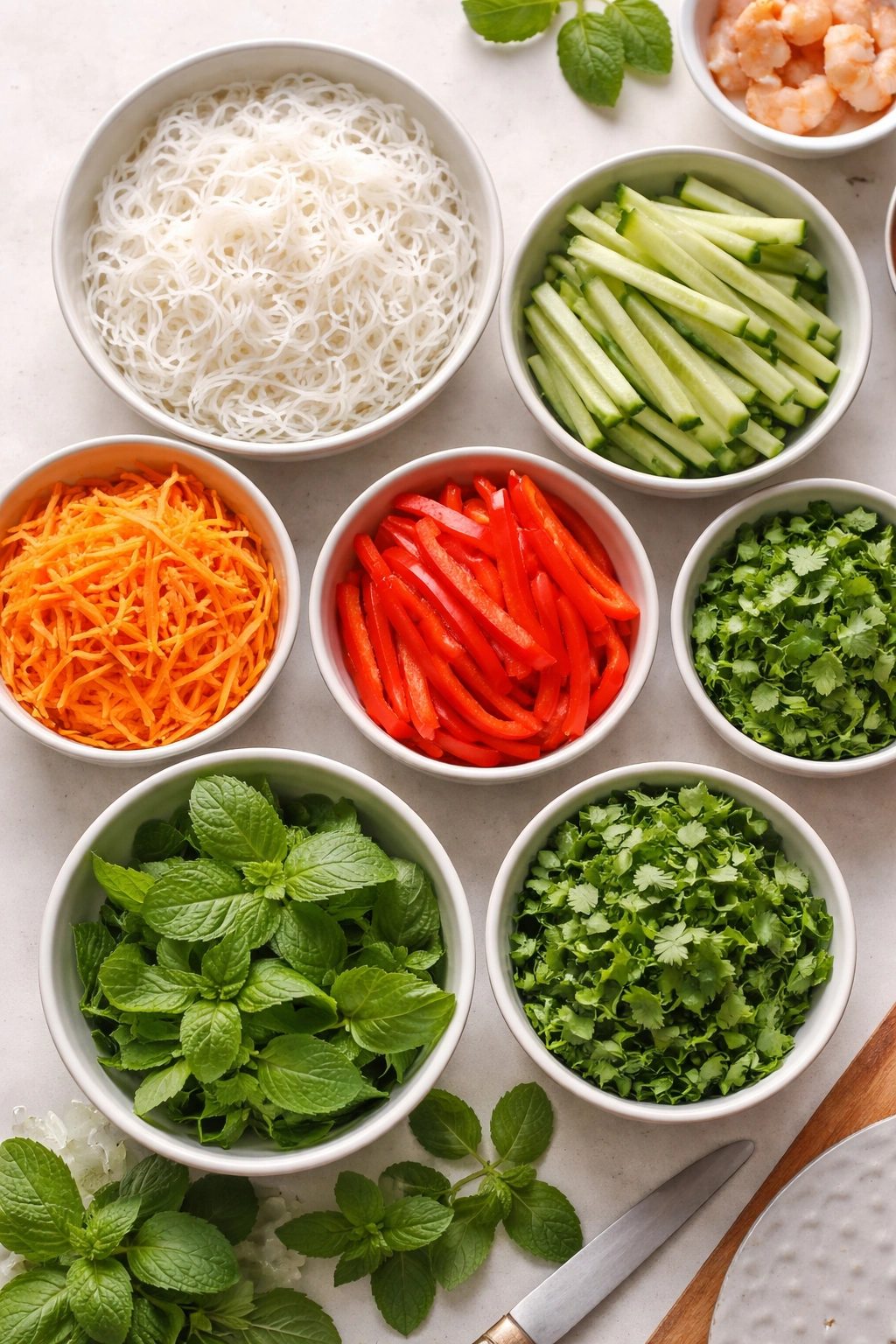 Mise en place for spring rolls with vermicelli, vegetables, and herbs
