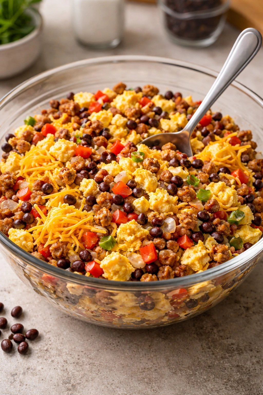 Mixing bowl with eggs, sausage, cheese, peppers and beans ready to mix