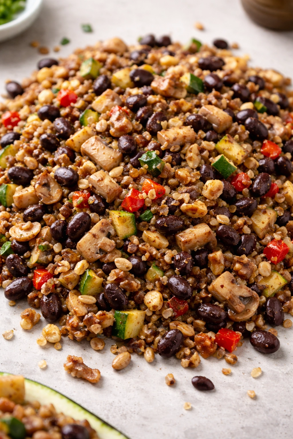Close-up of plant-based filling texture with beans and mushrooms