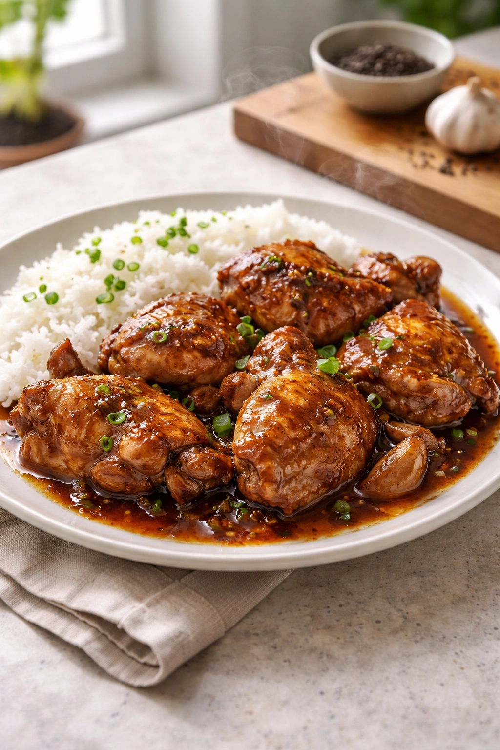Steaming plate of chicken adobo in a simple setting