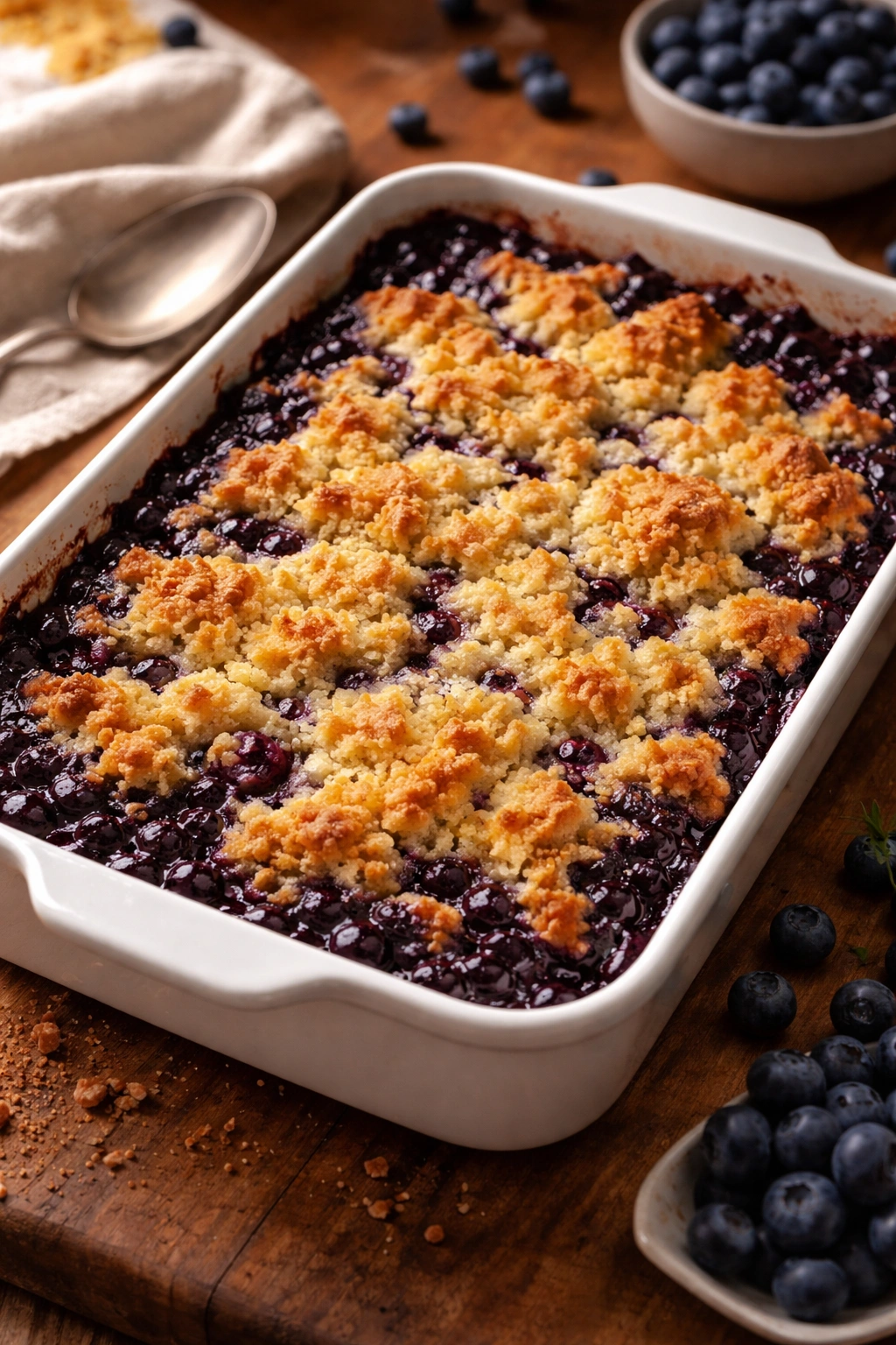 Fully baked blueberry cobbler in baking dish on wooden counter