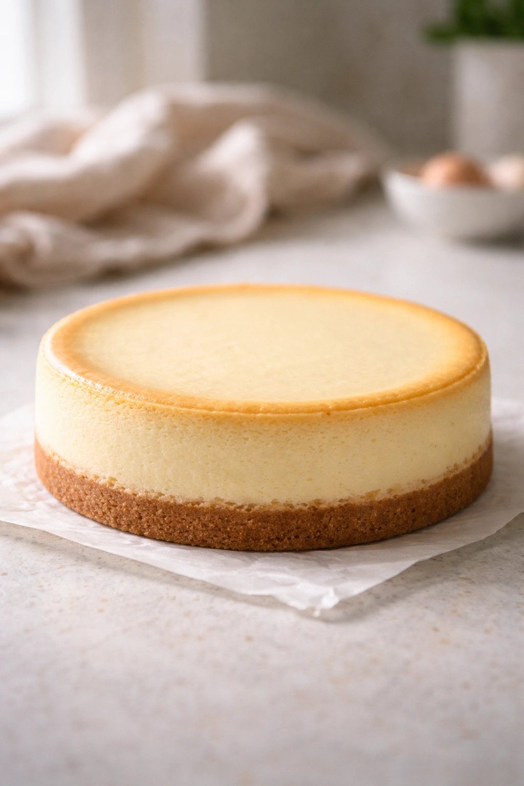 Finished cheesecake with a smooth surface and golden crust resting on a clean counter.