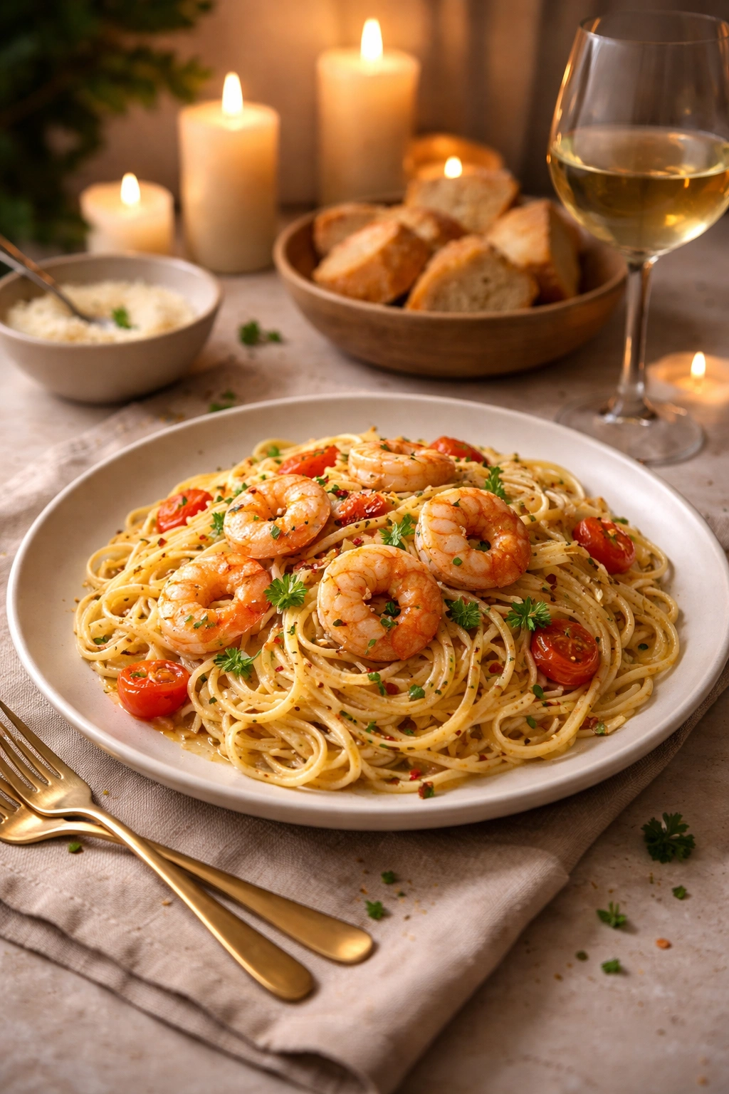Completed shrimp pasta dinner scene with cozy lighting