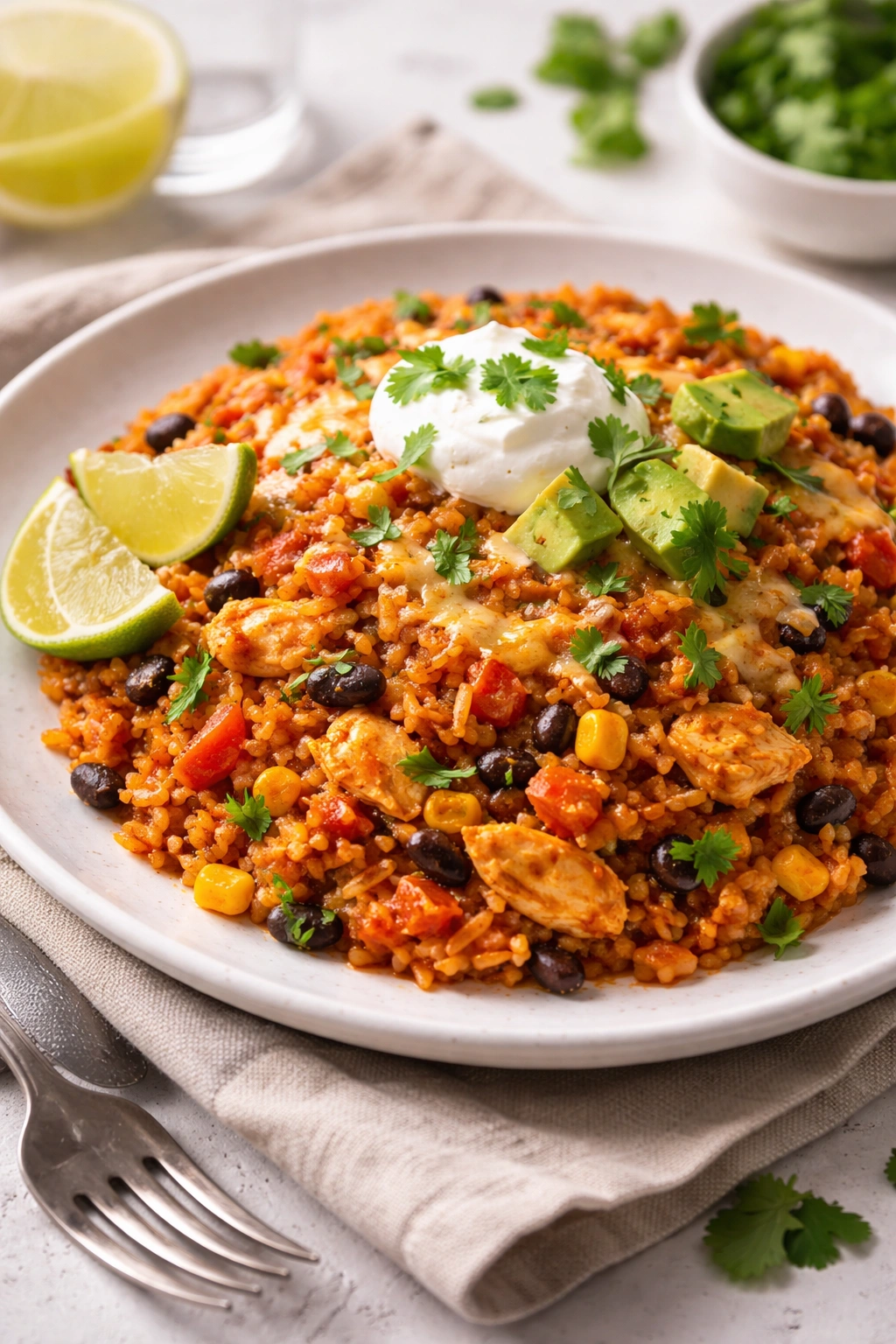 Finished plated one-pot enchilada rice