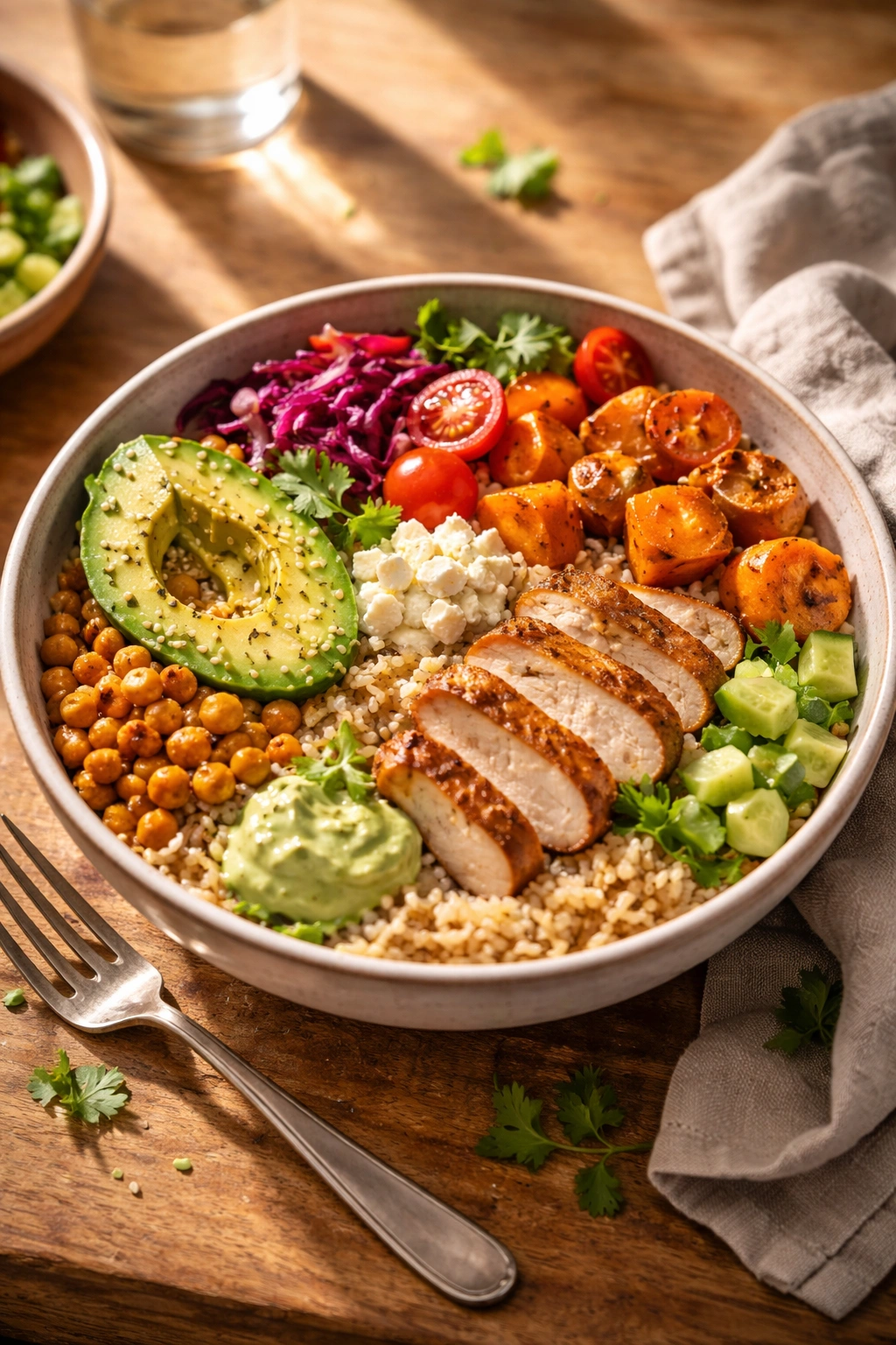 Finished grain bowl on a plate with colorful toppings