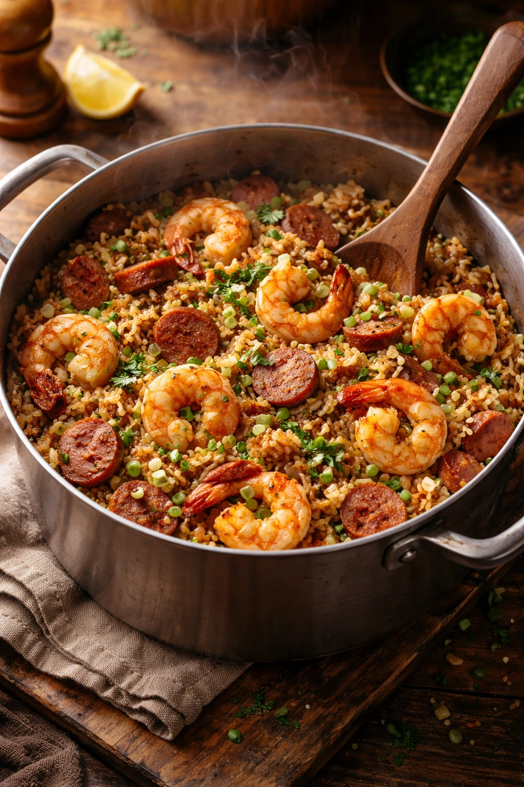 Shrimp folded into fluffy rice in a pot during final assembly