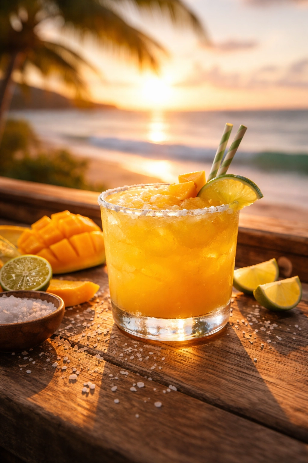 Mango margarita on a seaside bar at sunset