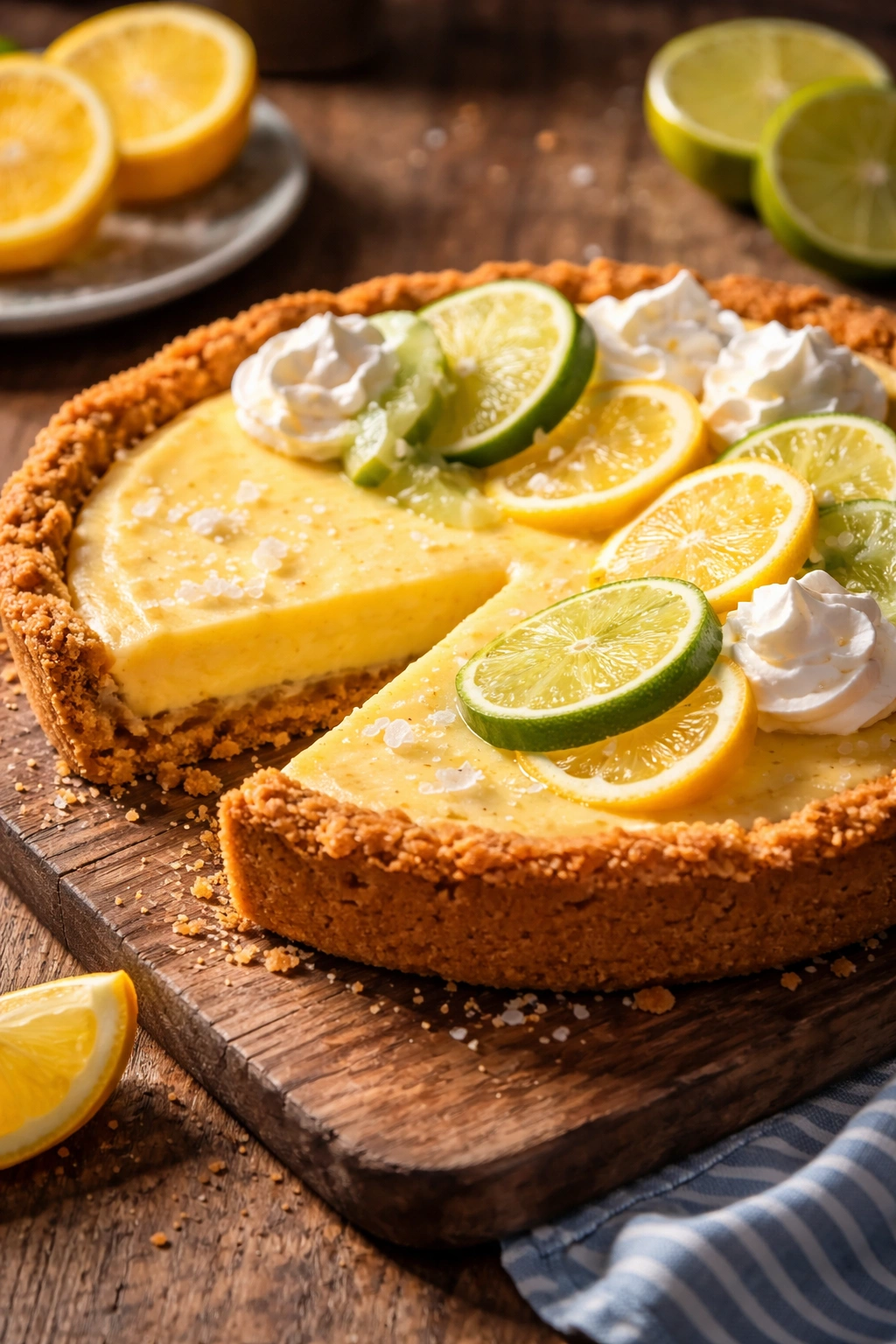 Whole Atlantic Beach Pie displayed on a rustic board with warm lighting.