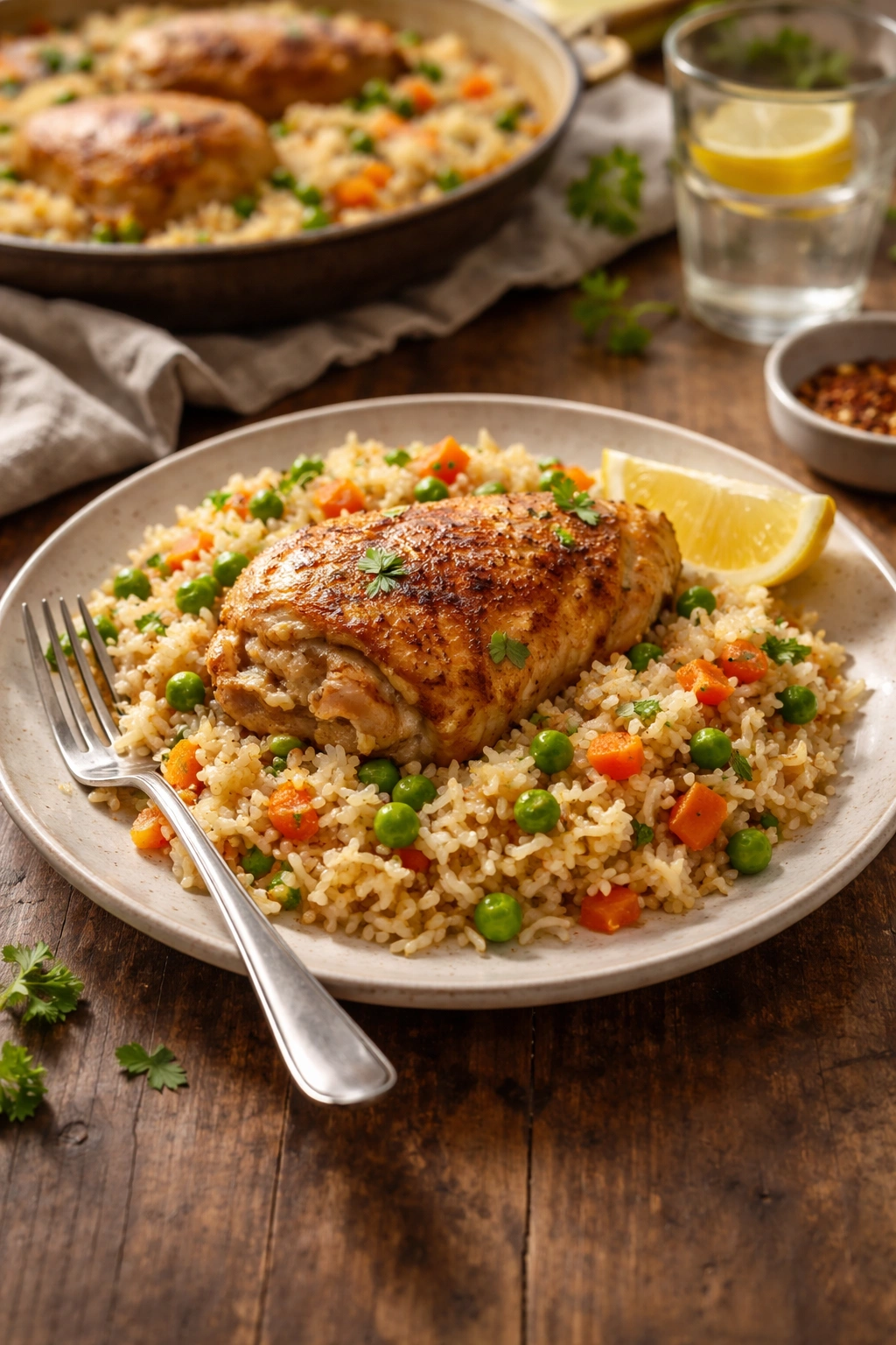 Plate of chicken and rice on a rustic wooden table with soft natural light.