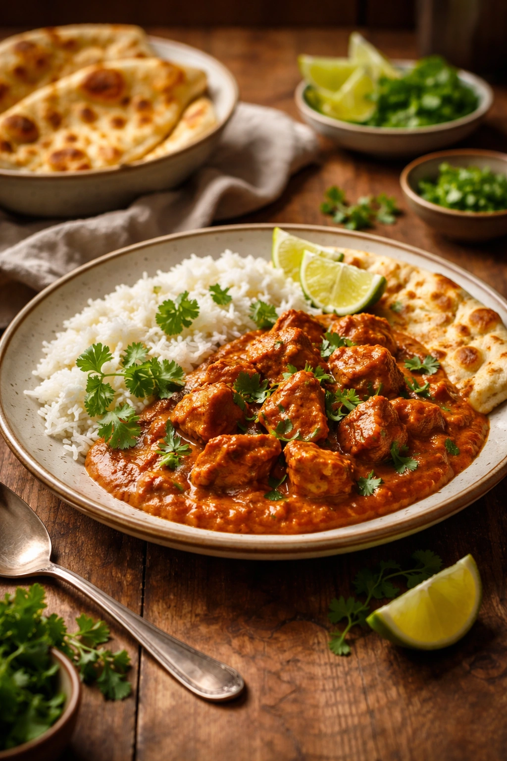 Finished chicken tikka masala plated with rice, naan, and cilantro
