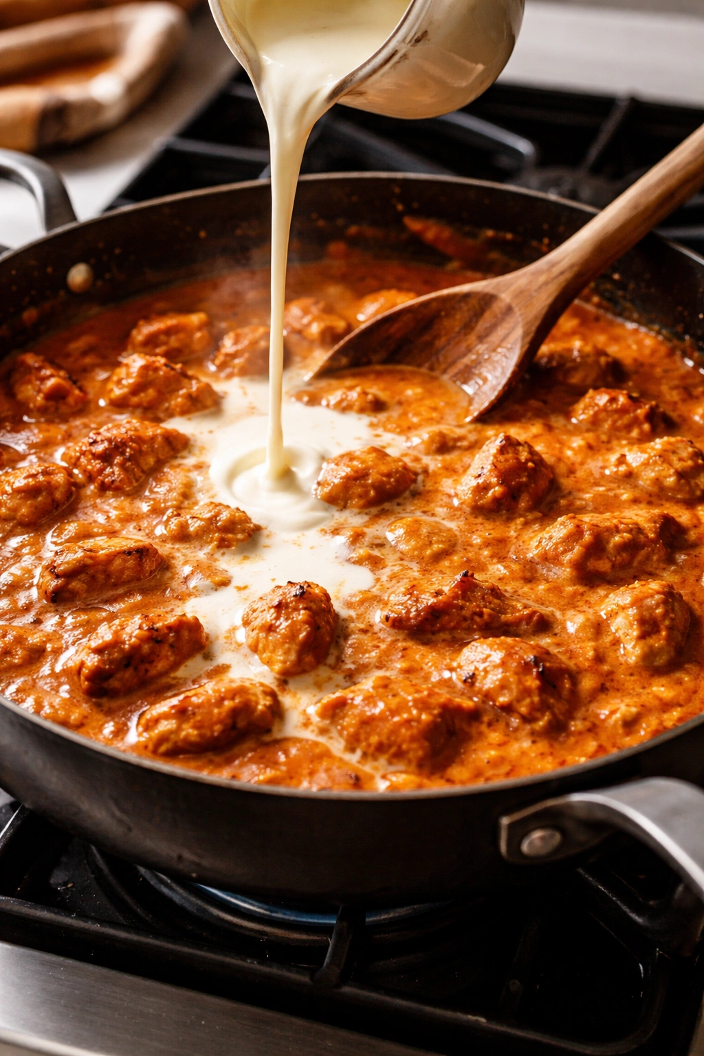 Cream pouring into simmering tikka masala sauce with chicken