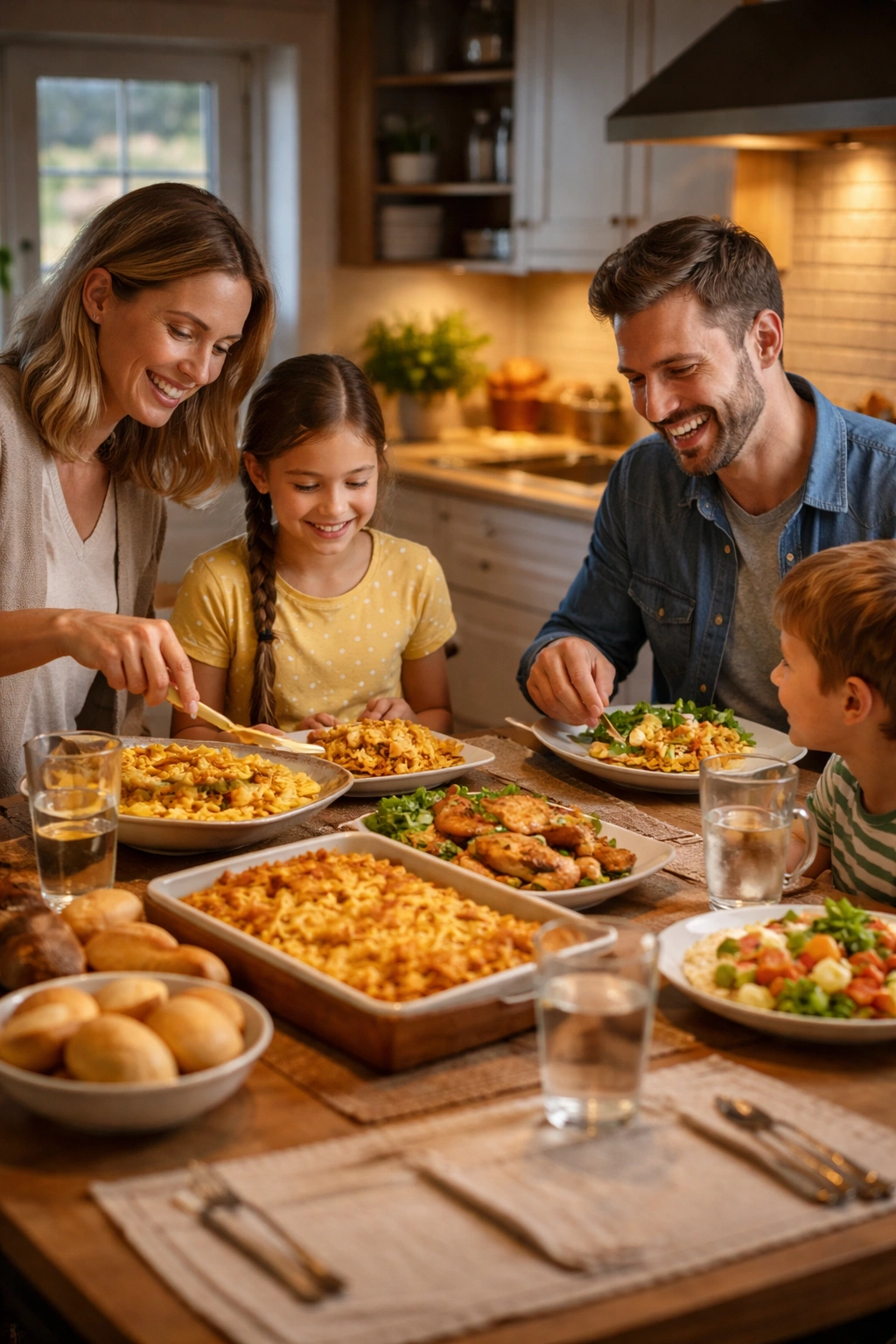 Family enjoying a ready-to-serve dinner in a cozy kitchen
