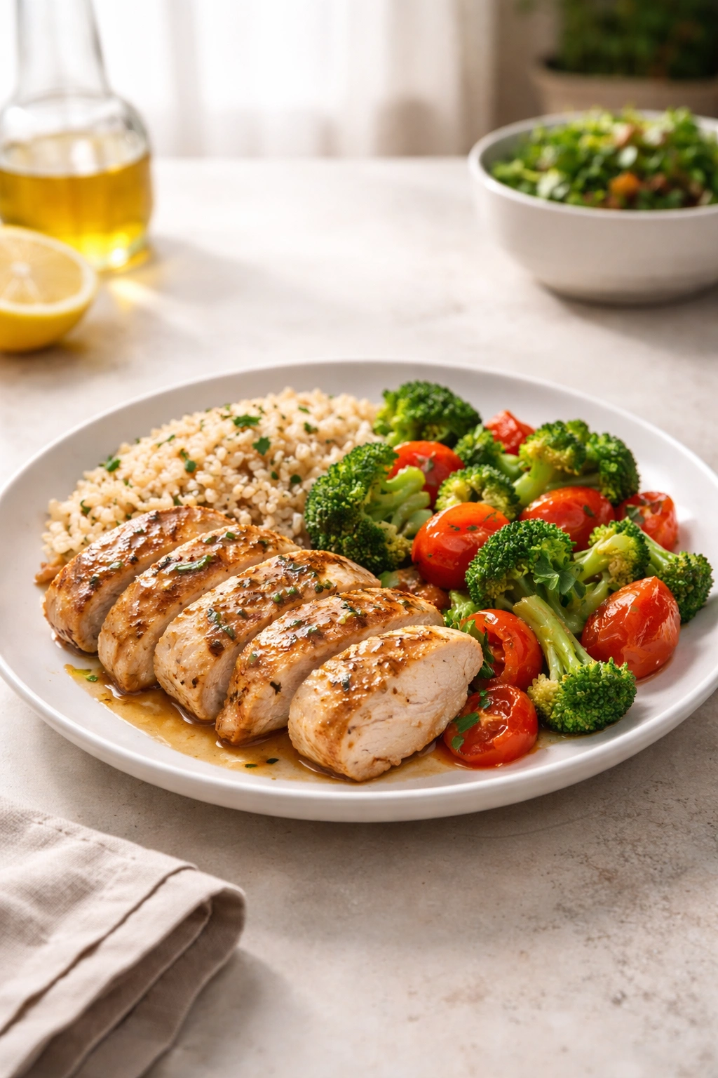 Minimalist plate of high-protein meal with grains, protein, and vegetables under warm light.
