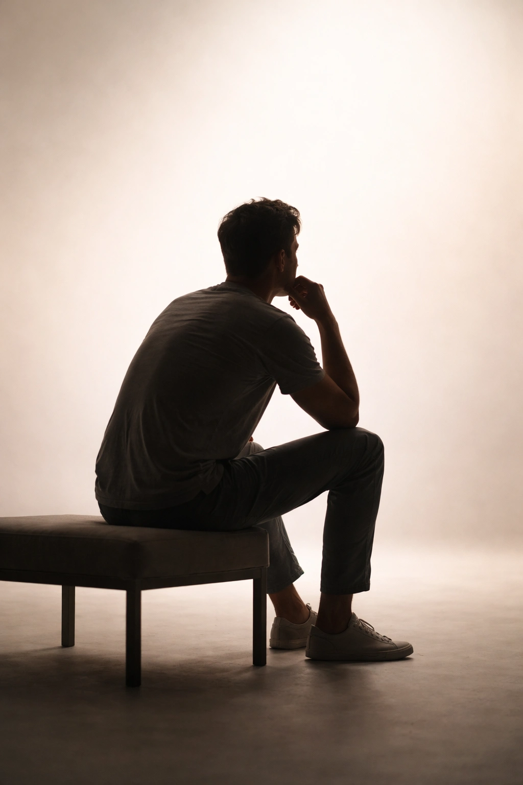 Solitary silhouette of a person in a minimal studio reflecting