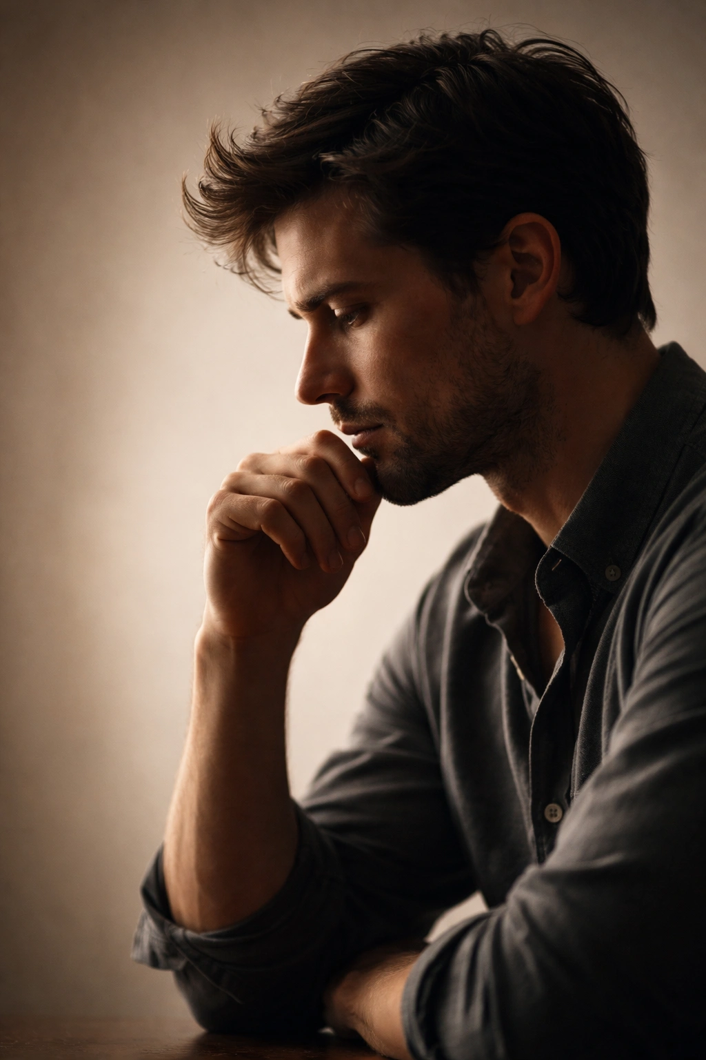 Abstract silhouette in contemplation against neutral backdrop
