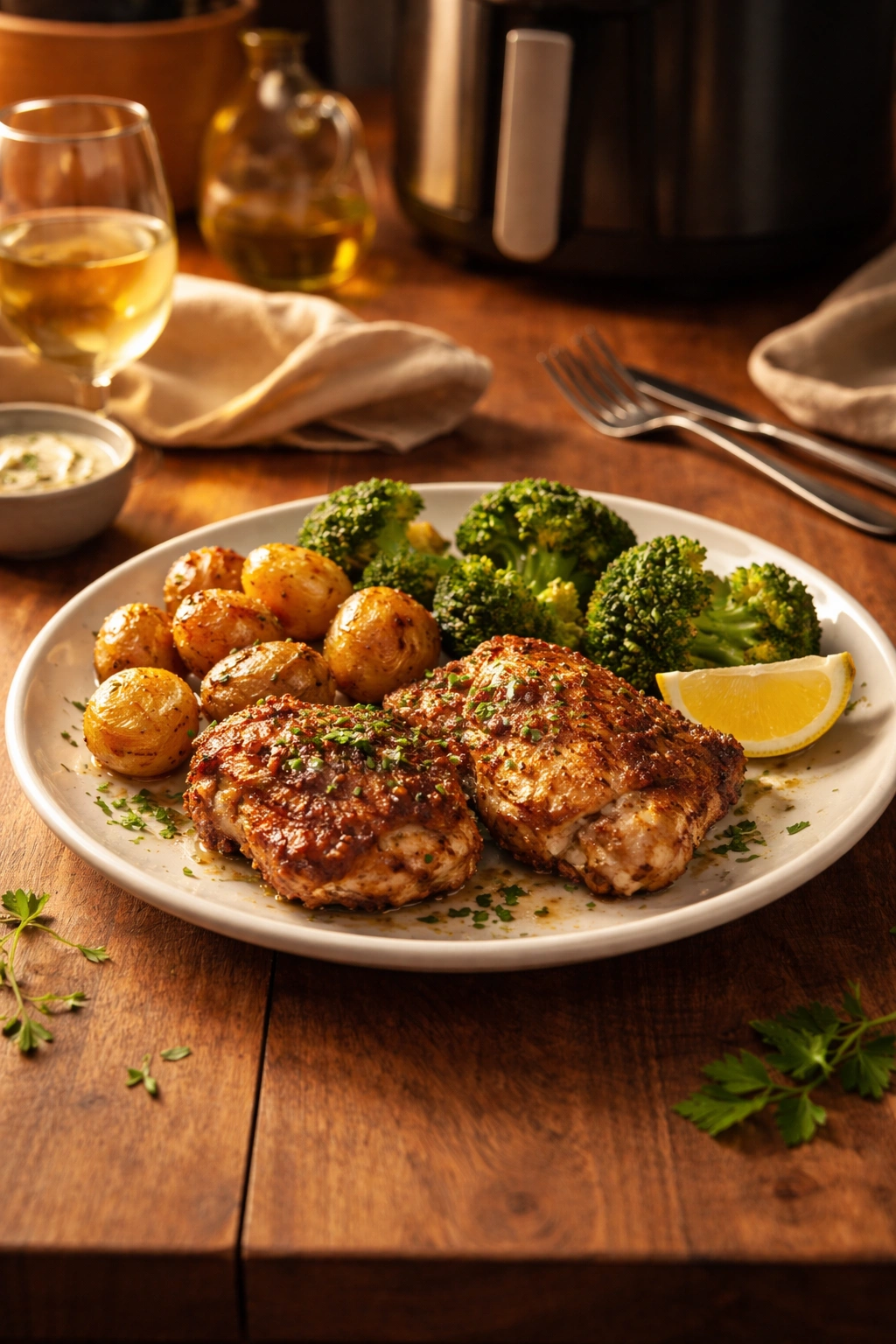 Calm dinner scene with a plated dish and warm lighting
