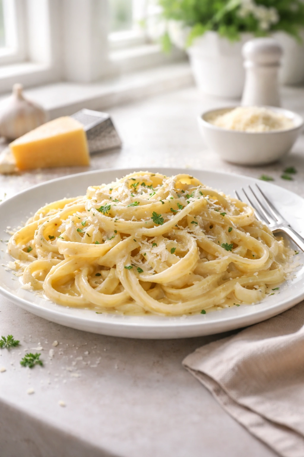 Steaming plate of alfredo signaling finished dish