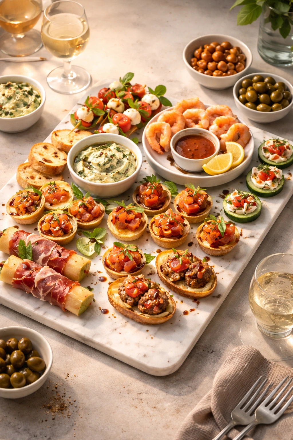 Minimalist platter of finished appetizers on a clean board under soft lighting