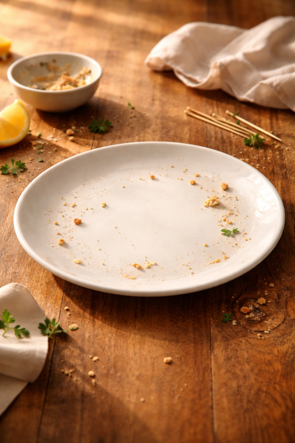 Minimalist plate with crumbs on a wooden table