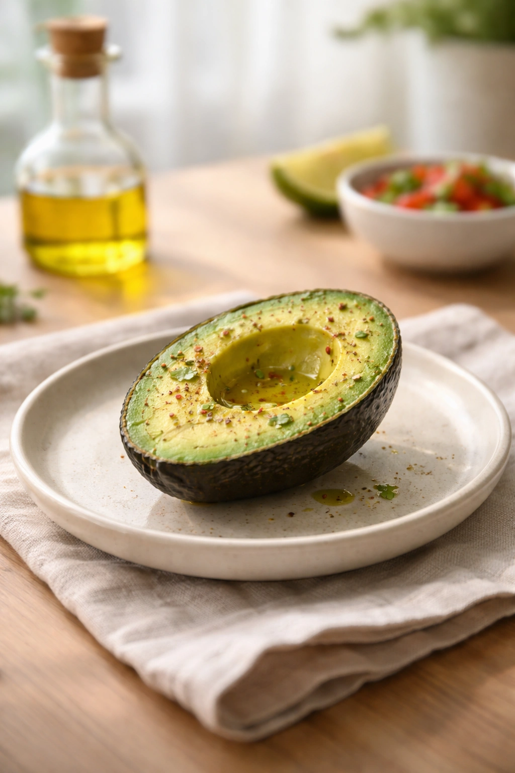 Single halved avocado on a plate with a light olive oil drizzle in a minimalist kitchen
