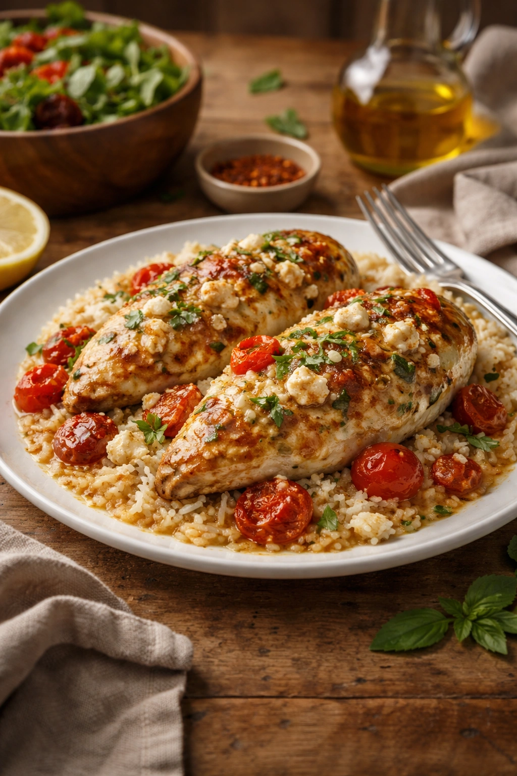 Plated baked feta chicken on a dining table with warm lighting