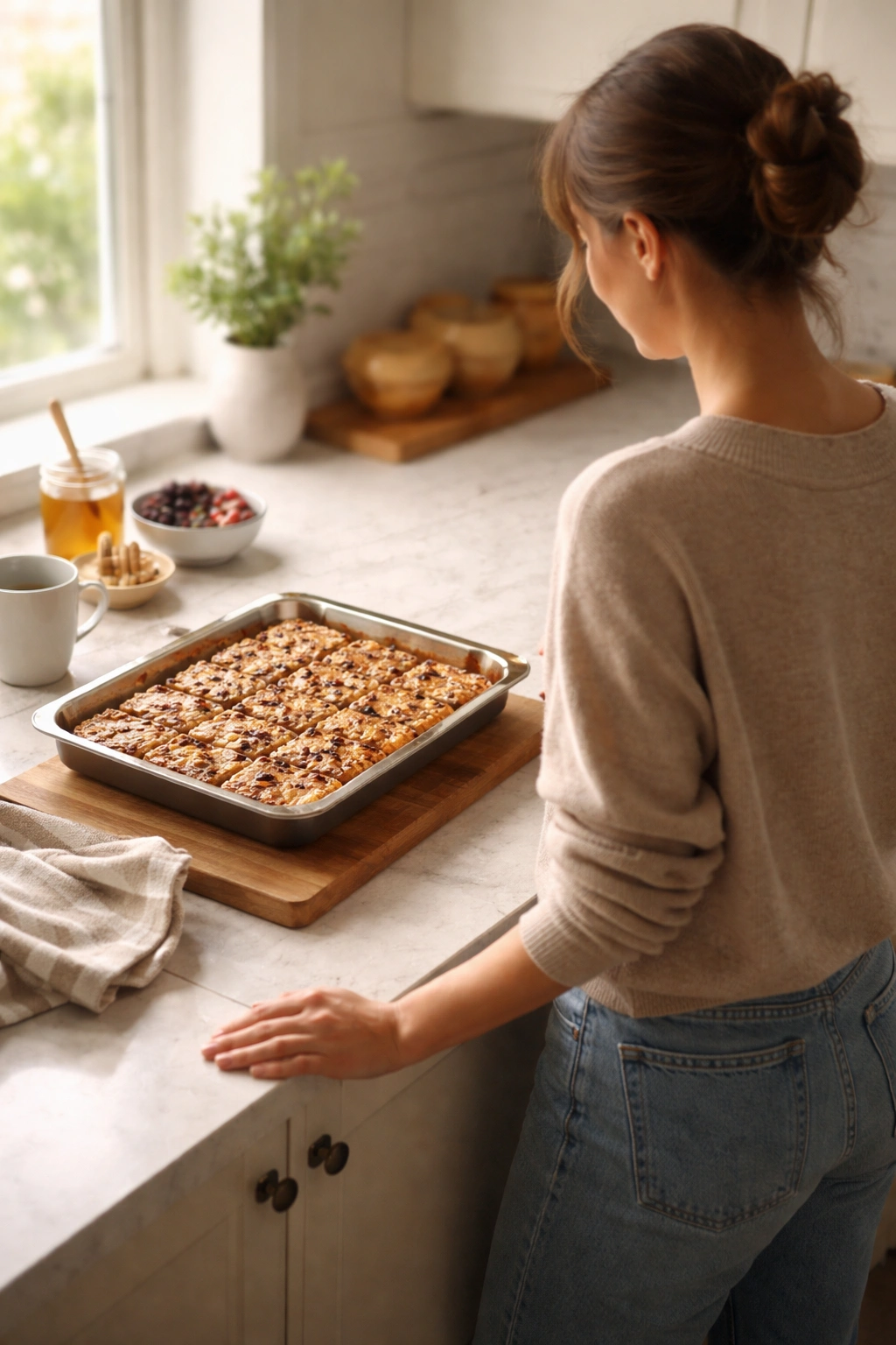 Calm kitchen scene with a pan of baked oatmeal and a reflective figure