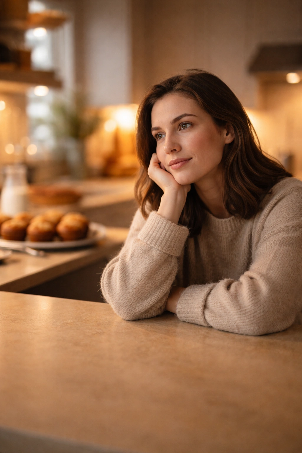 Contemplative person at a warm kitchen counter reflecting on muffin-moisture techniques