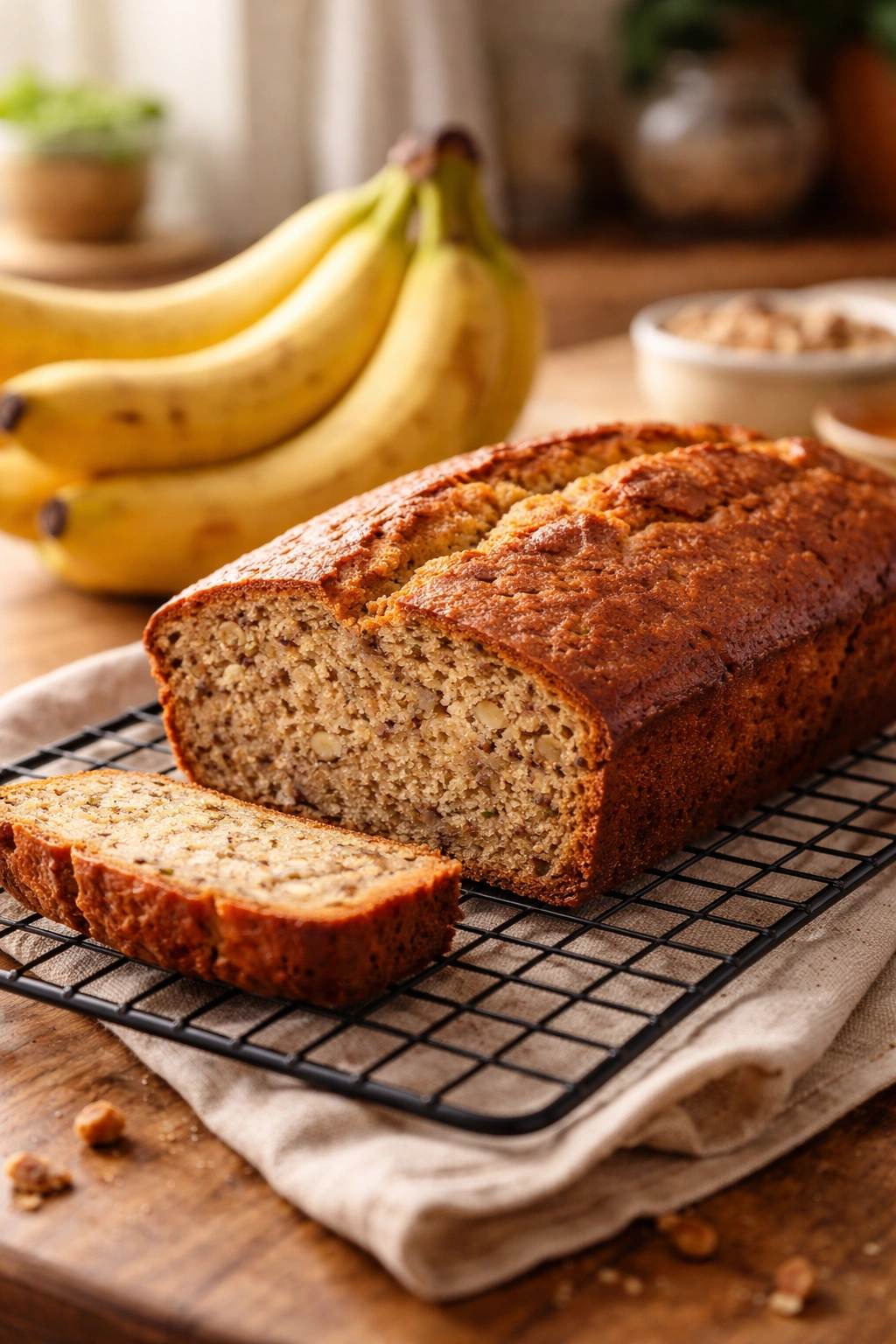 Banana bread cooling on a rack with ripe bananas nearby, illustrating final thoughts on low-sugar baking