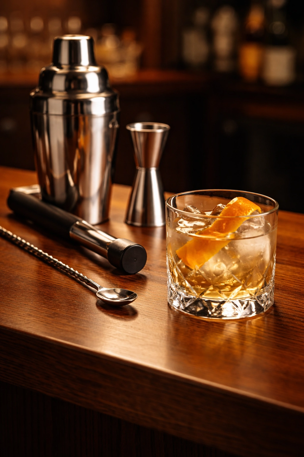 Close-up of cocktail bar tools and a glass on a wooden counter, no text