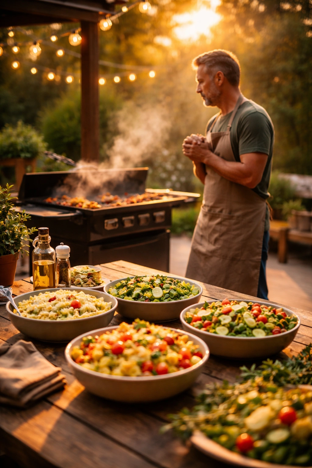 Quiet backyard BBQ moment at golden hour, a person by a glowing grill reflecting on the meal