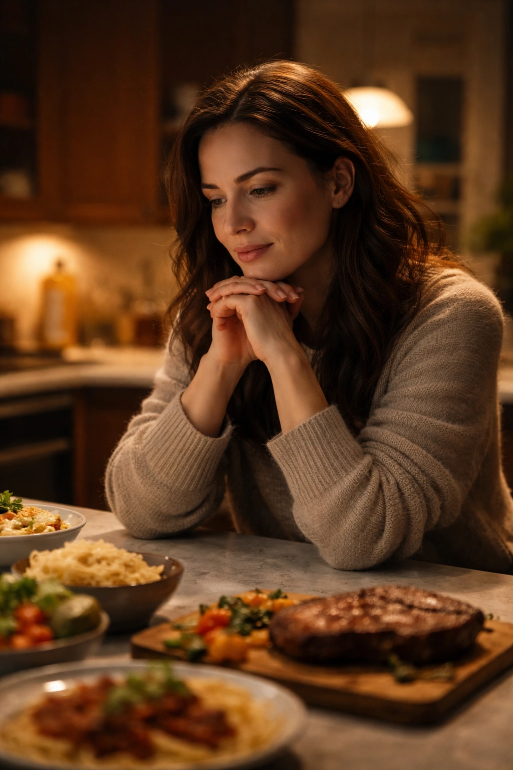 Thoughtful person at a kitchen counter in warm light